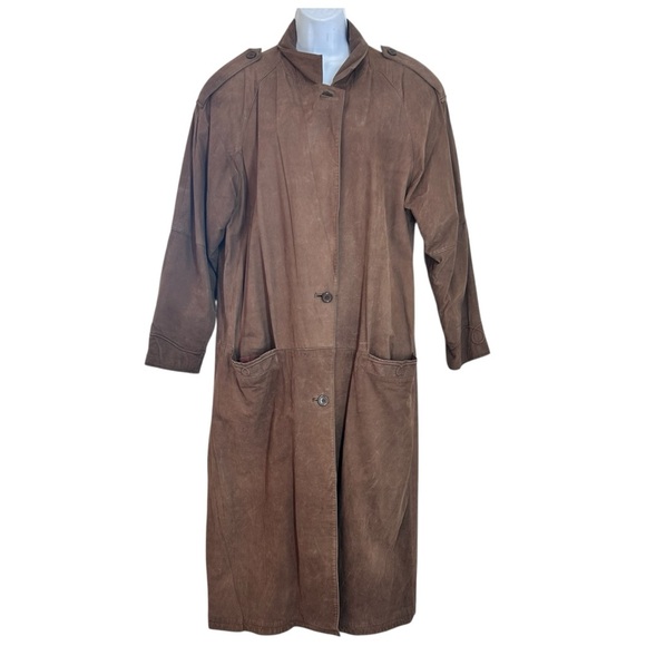 Split Ends 90s Brown Leather Duster Trench Coat size L - Picture 2 of 14